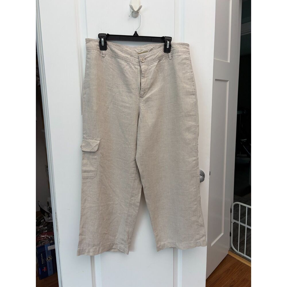 Liz Claiborne Lizwear 100% Linen Womens Sz 12 Cargo Capri Pants Wide Leg Oatmeal